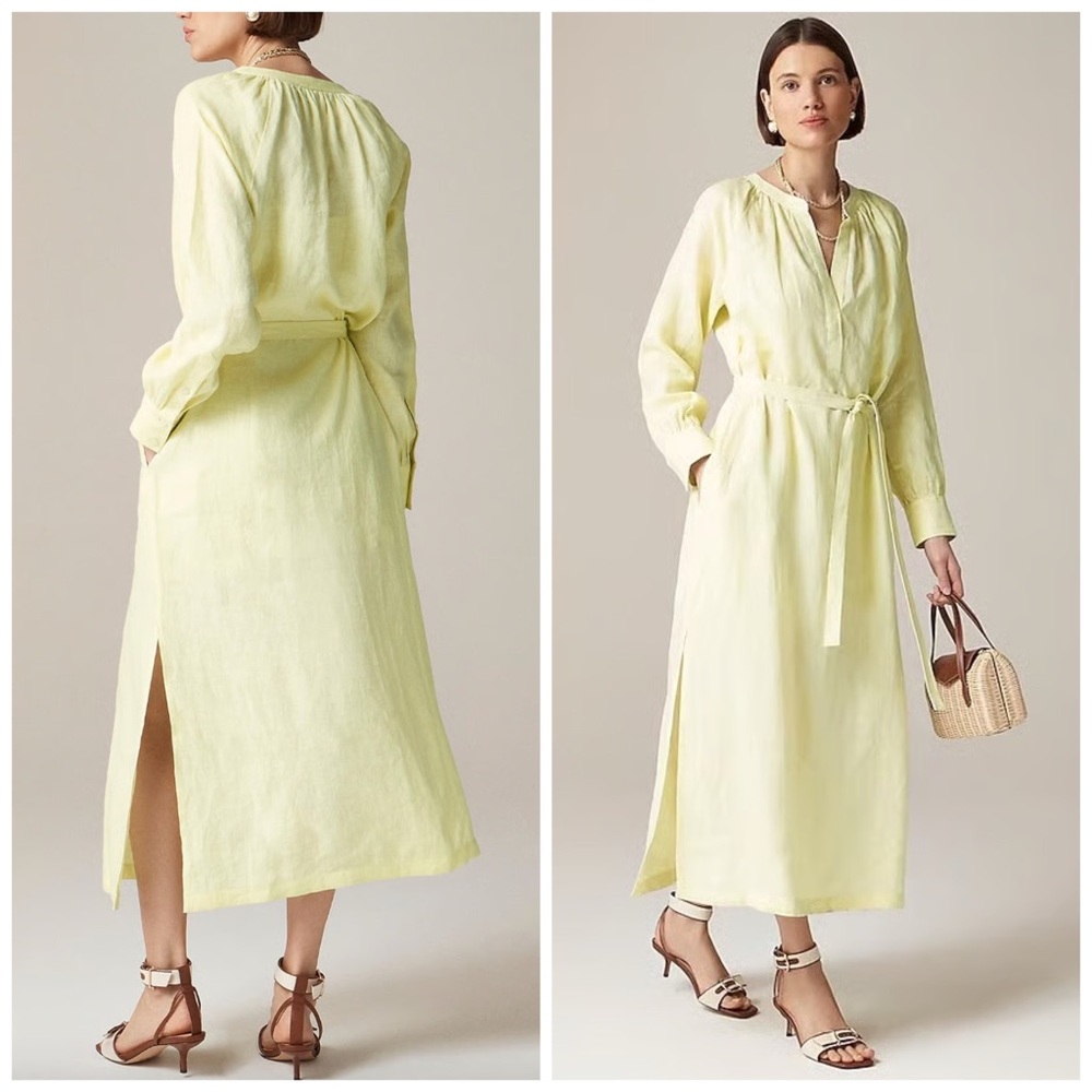 J Crew Cabana Dress Midi Linen Yellow Long Sleeve Large Pastel